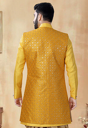 Embroidered Art Silk Long Jacket in Yellow