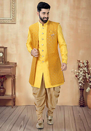 Embroidered Art Silk Long Jacket in Yellow