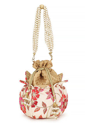 Embroidered Art Silk Lotus Potli Bag in Off White