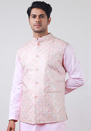 Embroidered Art Silk Nehru Jacket in Baby Pink