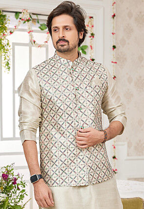 Embroidered Art Silk Nehru Jacket in Beige