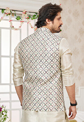 Embroidered Art Silk Nehru Jacket in Beige