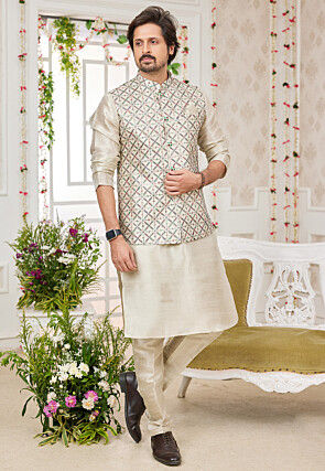Embroidered Art Silk Nehru Jacket in Beige