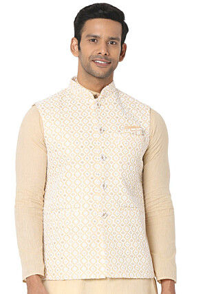 Embroidered Art Silk Nehru Jacket in Beige
