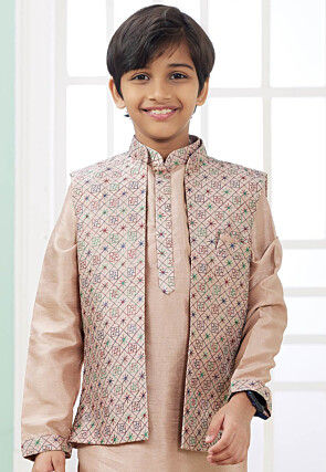Embroidered Art Silk Nehru Jacket in Beige