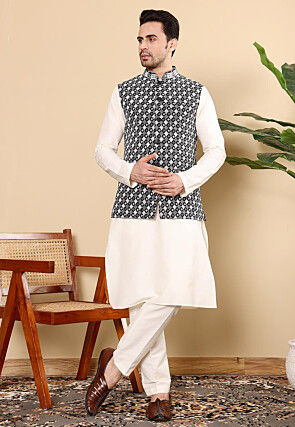 Embroidered Art Silk Nehru Jacket in Black