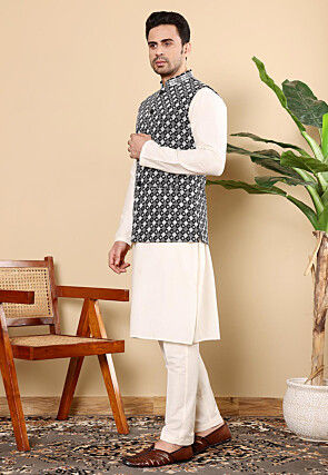 Embroidered Art Silk Nehru Jacket in Black