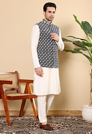 Embroidered Art Silk Nehru Jacket in Black