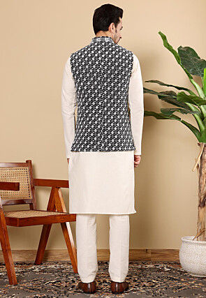 Embroidered Art Silk Nehru Jacket in Black