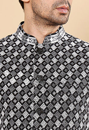 Embroidered Art Silk Nehru Jacket in Black