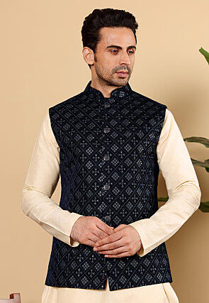 Embroidered Art Silk Nehru Jacket in Black