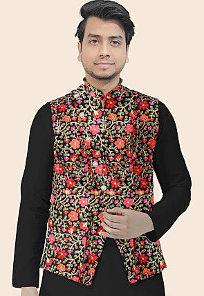 Embroidered Art Silk Nehru Jacket in Black