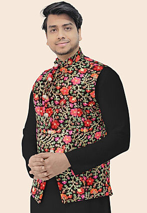 Embroidered Art Silk Nehru Jacket in Black