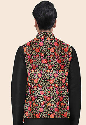 Embroidered Art Silk Nehru Jacket in Black