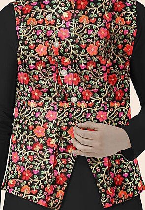 Embroidered Art Silk Nehru Jacket in Black
