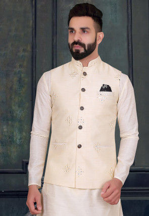 Embroidered Art Silk Nehru Jacket in Cream