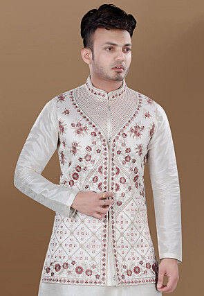 Embroidered Art Silk Nehru Jacket in Cream