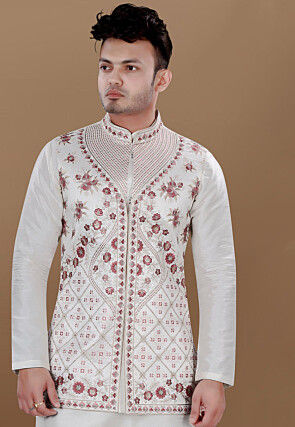 Embroidered Art Silk Nehru Jacket in Cream