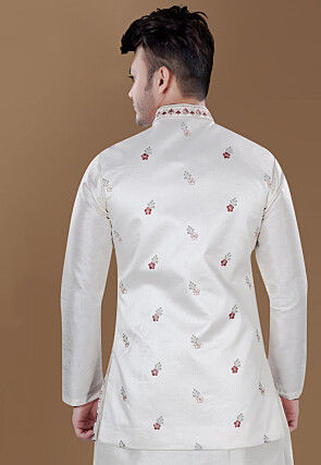 Embroidered Art Silk Nehru Jacket in Cream