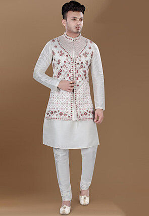 Embroidered Art Silk Nehru Jacket in Cream