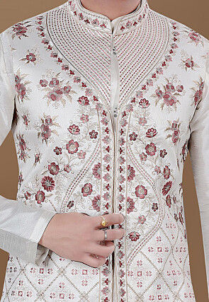 Embroidered Art Silk Nehru Jacket in Cream