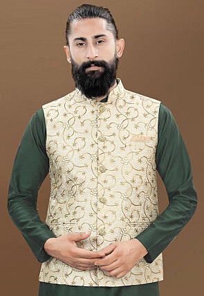 Embroidered Art Silk Nehru Jacket in Cream