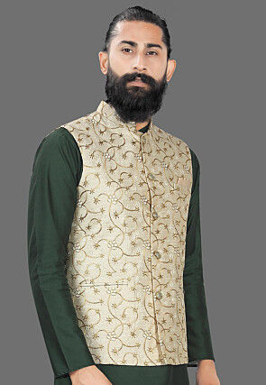 Embroidered Art Silk Nehru Jacket in Cream