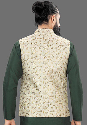 Embroidered Art Silk Nehru Jacket in Cream