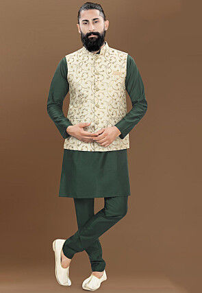 Embroidered Art Silk Nehru Jacket in Cream