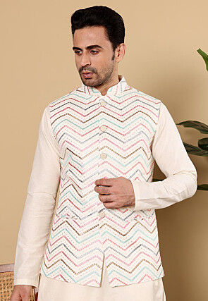 Embroidered Art Silk Nehru Jacket in Cream