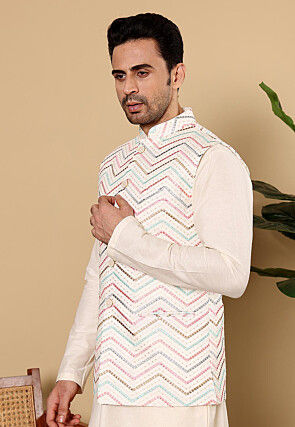 Embroidered Art Silk Nehru Jacket in Cream