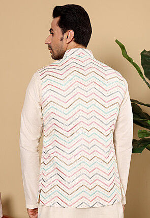 Embroidered Art Silk Nehru Jacket in Cream