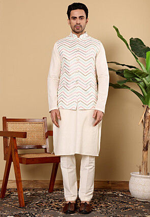 Embroidered Art Silk Nehru Jacket in Cream