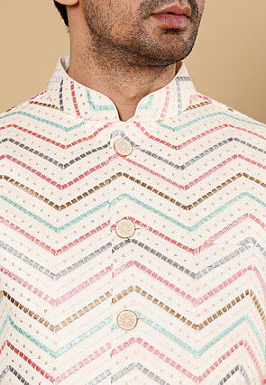 Embroidered Art Silk Nehru Jacket in Cream