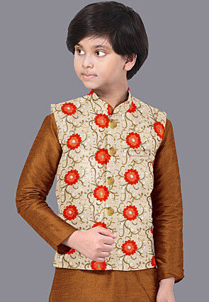 Embroidered Art Silk Nehru Jacket in Cream