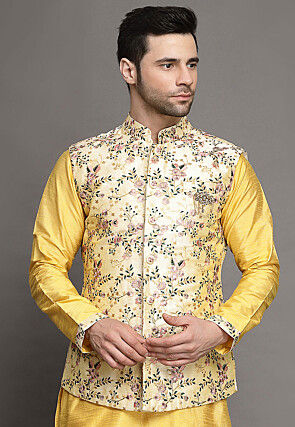 Embroidered Art Silk Nehru Jacket in Cream