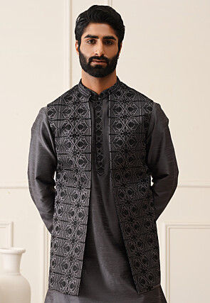 Embroidered Art Silk Nehru Jacket in Dark Grey