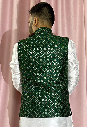 Embroidered Art Silk Nehru Jacket in Green