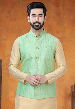 Embroidered Art Silk Nehru Jacket in Green
