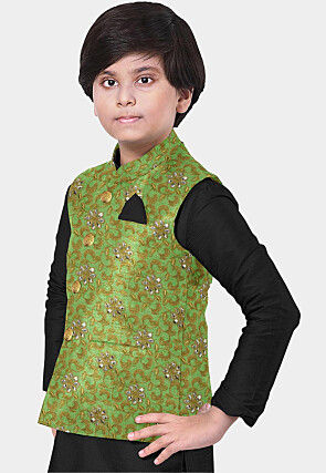 Embroidered Art Silk Nehru Jacket in Green