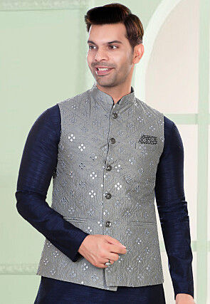 Embroidered Art Silk Nehru Jacket in Grey