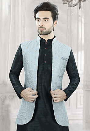 Embroidered Art Silk Nehru Jacket in Grey
