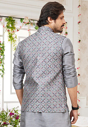 Embroidered Art Silk Nehru Jacket in Grey