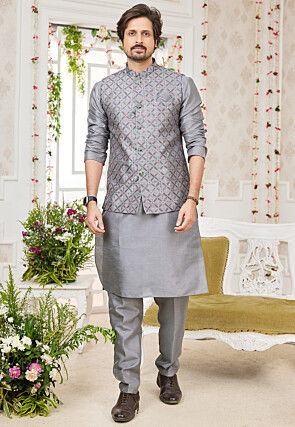 Embroidered Art Silk Nehru Jacket in Grey