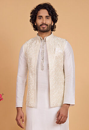 Embroidered Art Silk Nehru Jacket in Light Beige