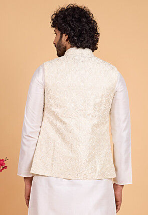 Embroidered Art Silk Nehru Jacket in Light Beige