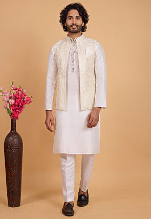 Embroidered Art Silk Nehru Jacket in Light Beige