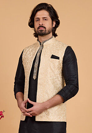 Embroidered Art Silk Nehru Jacket in Light Beige