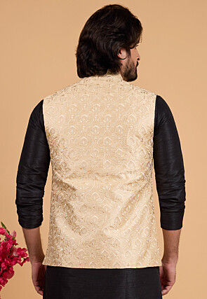 Embroidered Art Silk Nehru Jacket in Light Beige