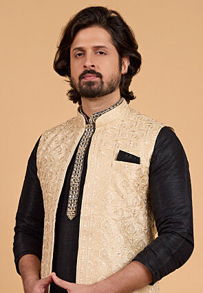 Embroidered Art Silk Nehru Jacket in Light Beige